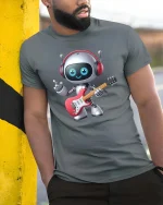 Cute Guitar Playing Robot Cartoon Music Lover Graphic T Shirt - model wearing grey tee, leaning on column