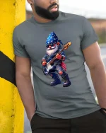 Rocking Music Gnome Cartoon Bass Guitar Graphic Tee - model wearing grey tee, leaning on column