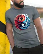 Dragon and Phoenix Yin Yang Mythical Fantasy Graphic T Shirt - model wearing grey tee, leaning on column