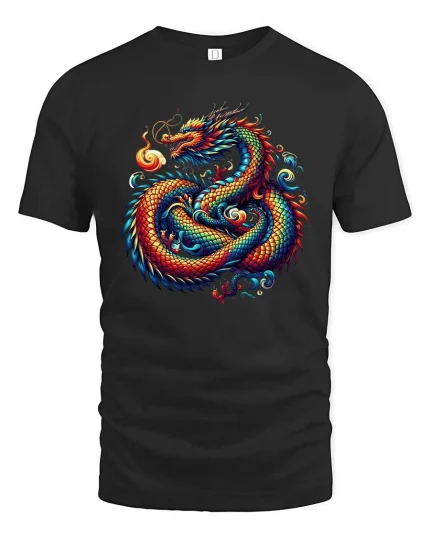 Fantasy Dragon T-Shirt Colorful Mythical Beast Graphic Tee - black t-shirt on white background