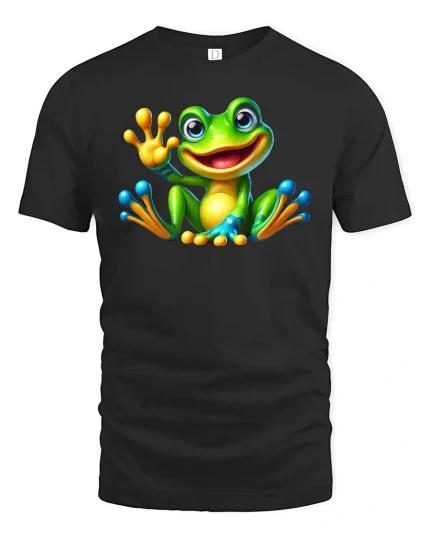 Adorable Frog T-Shirt Cartoon Smiling Amphibian Tee - black t-shirt on white background