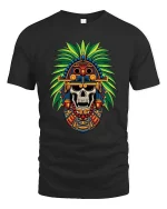 Aztec Skull T-Shirt Tribal Warrior Headdress Graphic Tee - black t-shirt on white background