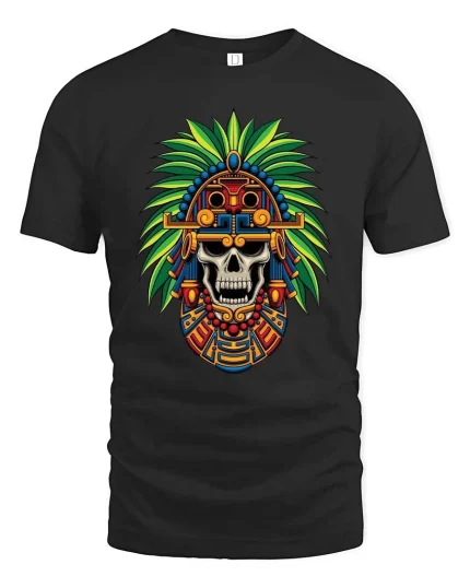Aztec Skull T-Shirt Tribal Warrior Headdress Graphic Tee - black t-shirt on white background