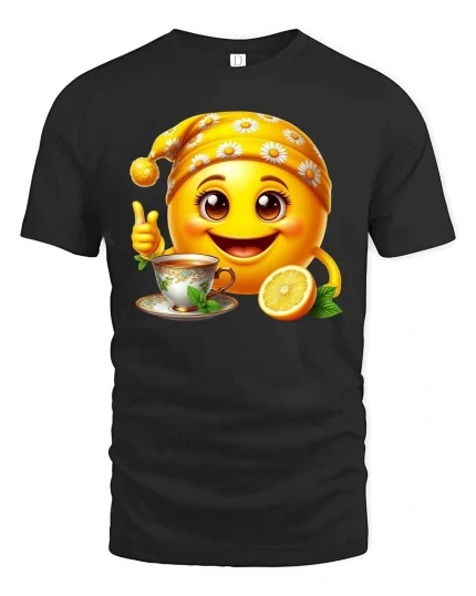 Cute Tea Lover Emoji T-Shirt Lemon Smile Cozy Tee - black t-shirt on white background