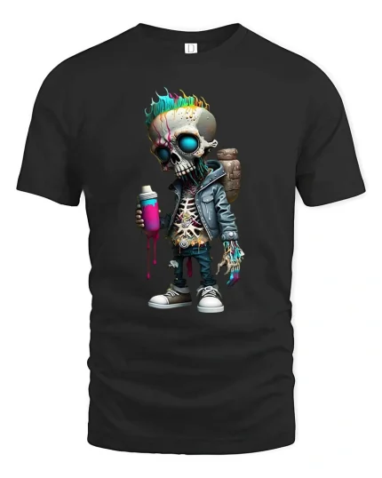 Funny Graffiti Skull T-Shirt Street Art Skeleton Spray Tee - black t-shirt on white background