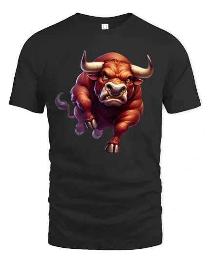 Charging Bull T-Shirt Angry Bull Power Animal Graphic Tee - black t-shirt on white background