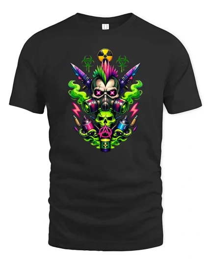 Punk Skull Gas Mask T-Shirt Neon Toxic Street Art Tee - black t-shirt on white background