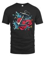 Anchor Rose T-Shirt Nautical Floral Tattoo Style Tee - black t-shirt on white background