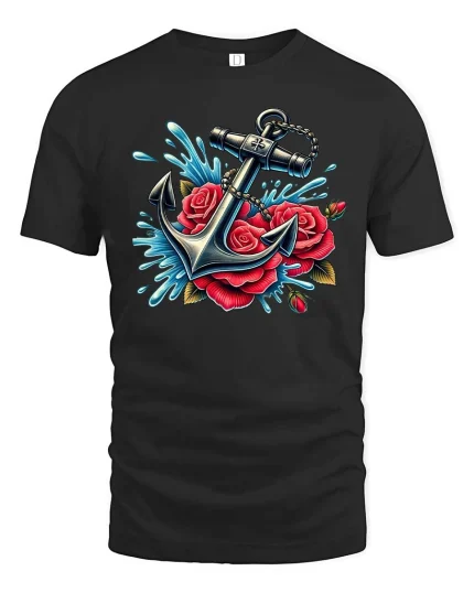 Anchor Rose T-Shirt Nautical Floral Tattoo Style Tee - black t-shirt on white background