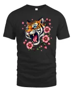 Roaring Tiger Floral T-Shirt Bold Wild Cat Blossom Tee - black t-shirt on white background