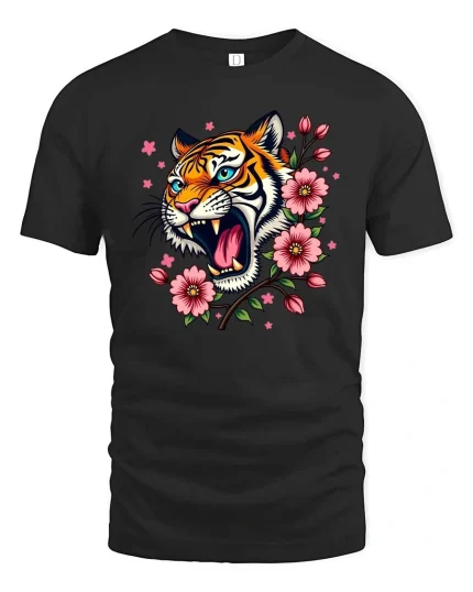 Roaring Tiger Floral T-Shirt Bold Wild Cat Blossom Tee - black t-shirt on white background