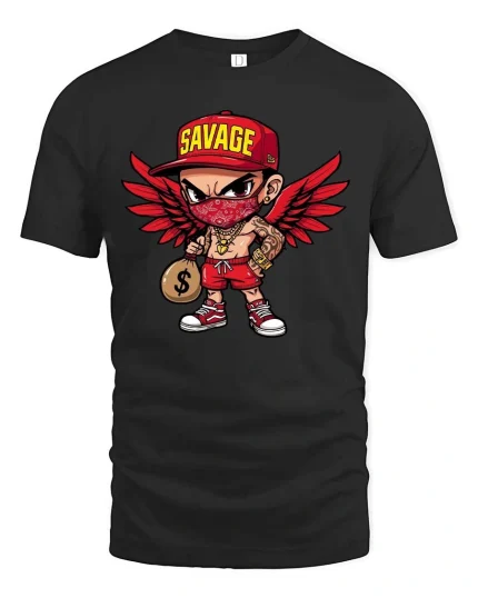 Savage Streetwear T-Shirt Urban Angel Money Cartoon Tee - black t-shirt on white background