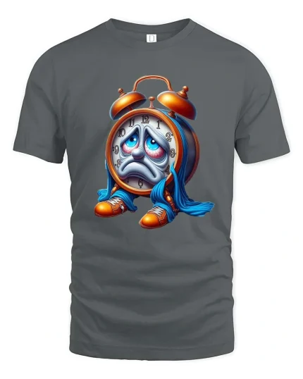 Exhausted Alarm Clock T-Shirt Funny Time Cartoon Tee - gray t-shirt on white background