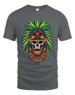 Aztec Skull T-Shirt Tribal Warrior Headdress Graphic Tee - gray t-shirt on white background