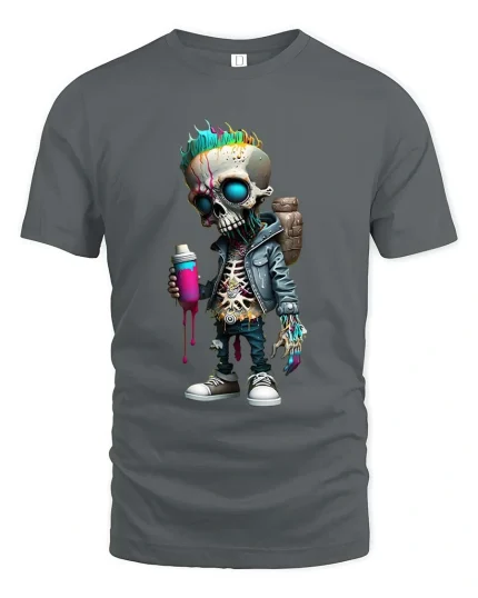 Funny Graffiti Skull T-Shirt Street Art Skeleton Spray Tee - gray t-shirt on white background