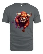 Charging Bull T-Shirt Angry Bull Power Animal Graphic Tee - gray t-shirt on white background