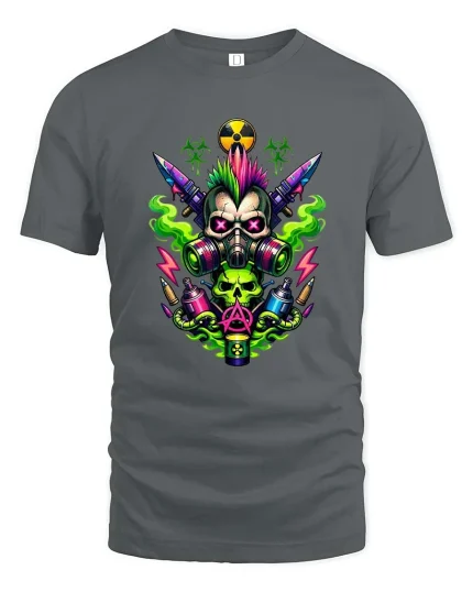 Punk Skull Gas Mask T-Shirt Neon Toxic Street Art Tee - gray t-shirt on white background