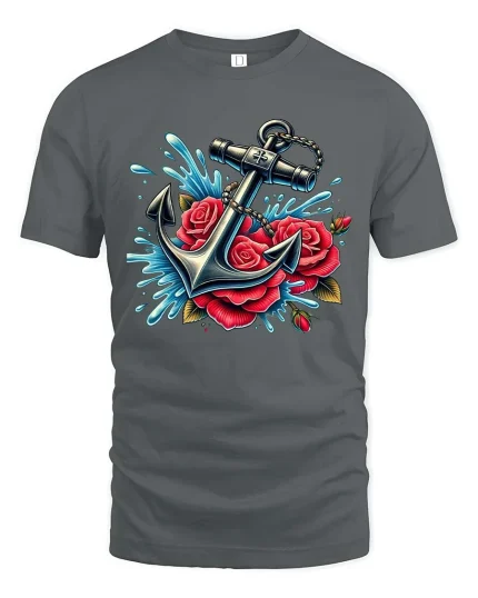 Anchor Rose T-Shirt Nautical Floral Tattoo Style Tee - gray t-shirt on white background