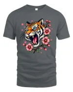 Roaring Tiger Floral T-Shirt Bold Wild Cat Blossom Tee - gray t-shirt on white background
