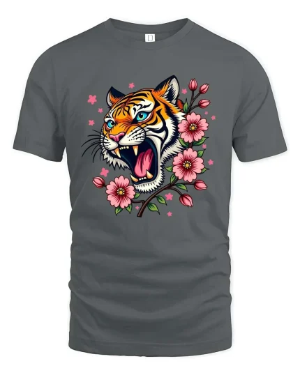 Roaring Tiger Floral T-Shirt Bold Wild Cat Blossom Tee - gray t-shirt on white background