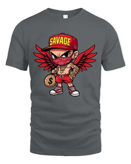 Savage Streetwear T-Shirt Urban Angel Money Cartoon Tee - gray t-shirt on white background