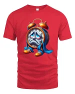 Exhausted Alarm Clock T-Shirt Funny Time Cartoon Tee - red t-shirt on white background