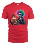 Gothic Punk Skeleton T-Shirt Neon Skull Lantern Graphic Tee - red t-shirt on white background