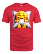 Sleepy Smiling Emoji T-Shirt Cozy Pillow Cute Tee - red t-shirt on white background