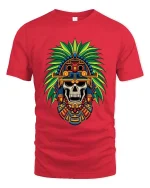 Aztec Skull T-Shirt Tribal Warrior Headdress Graphic Tee - red t-shirt on white background