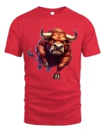 Charging Bull T-Shirt Angry Bull Power Animal Graphic Tee - red t-shirt on white background