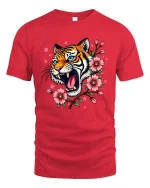 Roaring Tiger Floral T-Shirt Bold Wild Cat Blossom Tee - red t-shirt on white background