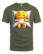 Sleepy Smiling Emoji T-Shirt Cozy Pillow Cute Tee - military green t-shirt on white background