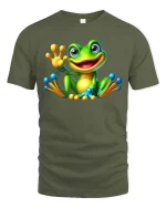Adorable Frog T-Shirt Cartoon Smiling Amphibian Tee - military green t-shirt on white background