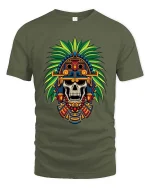 Aztec Skull T-Shirt Tribal Warrior Headdress Graphic Tee - military green t-shirt on white background