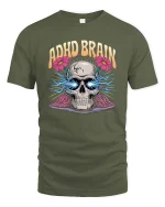 ADHD Brain Skull T-Shirt Funny Neurodivergent Graphic Tee - military green t-shirt on white background
