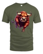 Charging Bull T-Shirt Angry Bull Power Animal Graphic Tee - military green t-shirt on white background