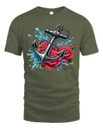 Anchor Rose T-Shirt Nautical Floral Tattoo Style Tee - military green t-shirt on white background