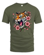 Roaring Tiger Floral T-Shirt Bold Wild Cat Blossom Tee - military green t-shirt on white background