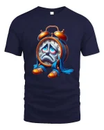 Exhausted Alarm Clock T-Shirt Funny Time Cartoon Tee - navy t-shirt on white background