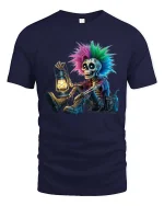 Gothic Punk Skeleton T-Shirt Neon Skull Lantern Graphic Tee - navy t-shirt on white background
