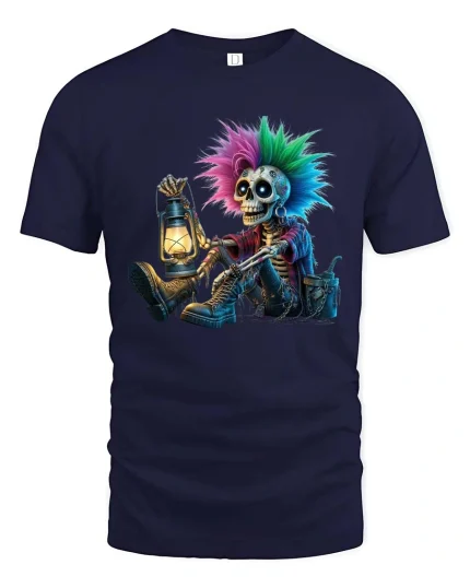 Gothic Punk Skeleton T-Shirt Neon Skull Lantern Graphic Tee - navy t-shirt on white background