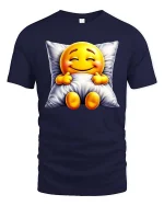 Sleepy Smiling Emoji T-Shirt Cozy Pillow Cute Tee - navy t-shirt on white background