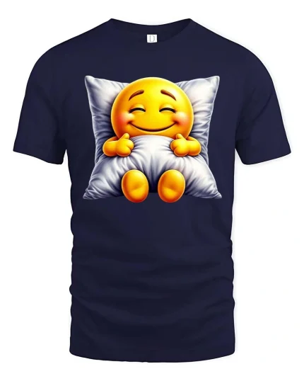Sleepy Smiling Emoji T-Shirt Cozy Pillow Cute Tee - navy t-shirt on white background