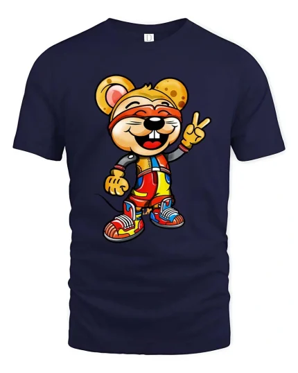 Cool Cartoon Mouse T-Shirt Peace Sign Streetwear Tee - navy t-shirt on white background