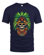 Aztec Skull T-Shirt Tribal Warrior Headdress Graphic Tee - navy t-shirt on white background