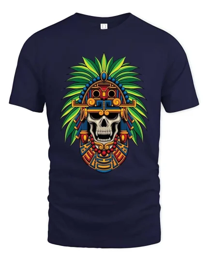 Aztec Skull T-Shirt Tribal Warrior Headdress Graphic Tee - navy t-shirt on white background