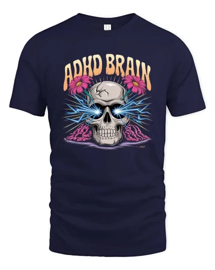 ADHD Brain Skull T-Shirt Funny Neurodivergent Graphic Tee - navy t-shirt on white background
