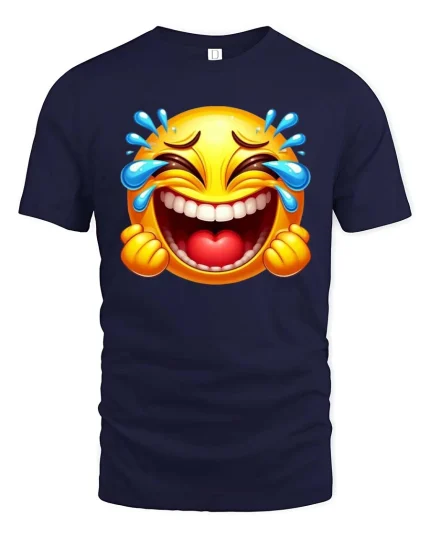 Laughing Cry Emoji T-Shirt Funny Face Tears of Joy Tee - navy t-shirt on white background