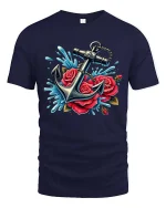 Anchor Rose T-Shirt Nautical Floral Tattoo Style Tee - navy t-shirt on white background