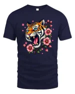 Roaring Tiger Floral T-Shirt Bold Wild Cat Blossom Tee - navy t-shirt on white background
